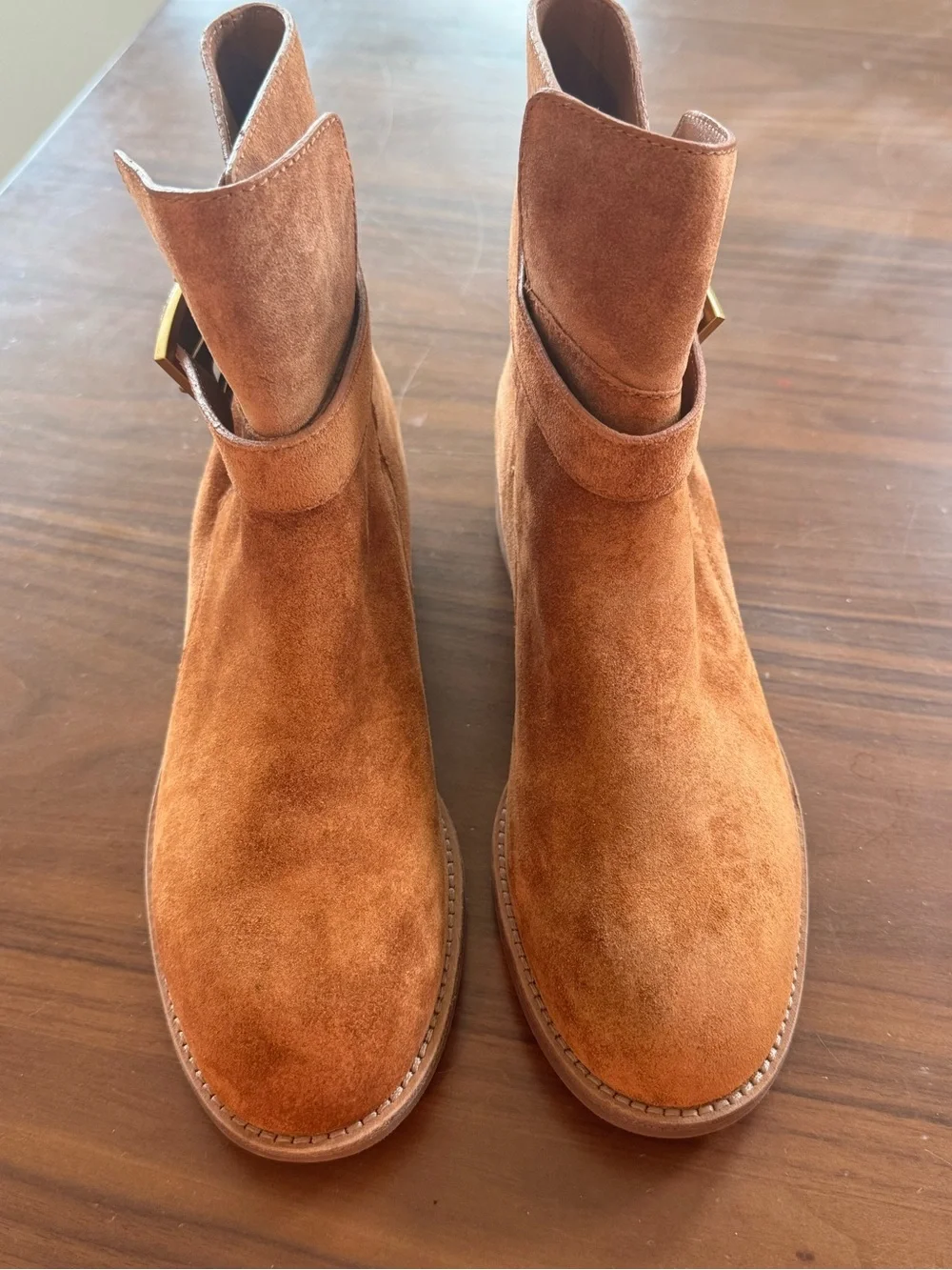 Tory Burch Brooke Ankle Boots Tan Suede Riding Booties Double-T Buckle 7.5 NWOT